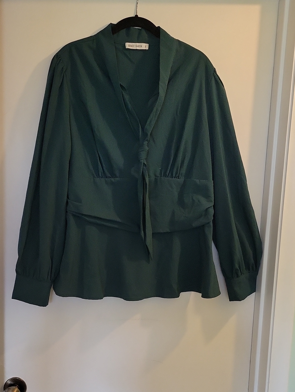 Grace Karin Dark Green Tie-Neck Blouse